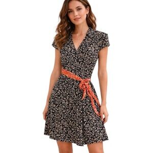 Diane Von Furstenberg Black Cream 100% Silk Wrap Dress DVF Sz 14 EUC Resortwear